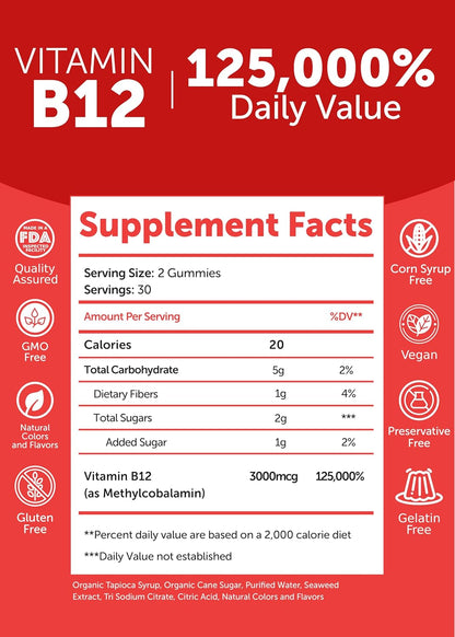 Lunakai Vitamin B12 Gummies 3000mcg - Methylcobalamin for Energy, Brain & Metabolism Support