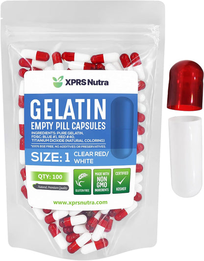 XPRS Nutra Size 1 Empty Capsules - 100 Count Empty Gelatine Capsules - Pill DIY Capsule Filling - Pure Bovine Pill Gel Caps for Do-It-Yourself Supplements (Clear Red/White)