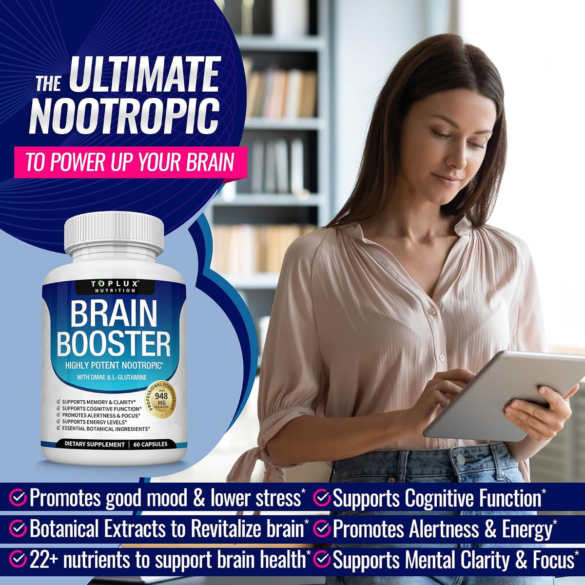 Toplux Brain Supplement Nootropic – DMAE, Bacopa Monnieri, L-Glutamine, 60 Capsules - görsel 3