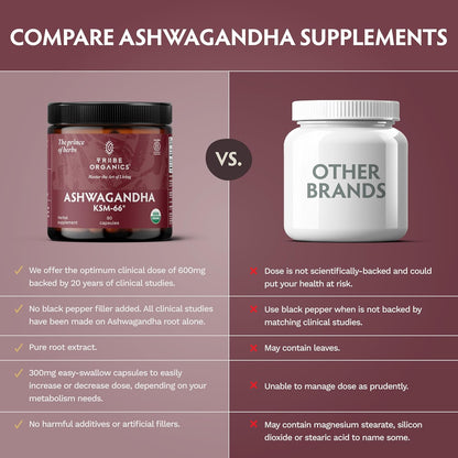 TRIBE ORGANICS Ashwagandha KSM-66 – Pure Organic Root Powder Extract – 90 Capsules