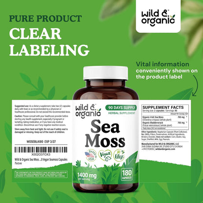 Wild & Organic Sea Moss Capsules - Irish Sea Moss Complex with Bladderwrack for Overall Wellbeing - 180 Vegan Seamoss Capsules