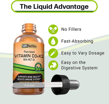 SBR Nutrition Vegan Vitamin D3 + K2 (MK-7) Liquid Drops with MCT Oil, Peppermint Flavour