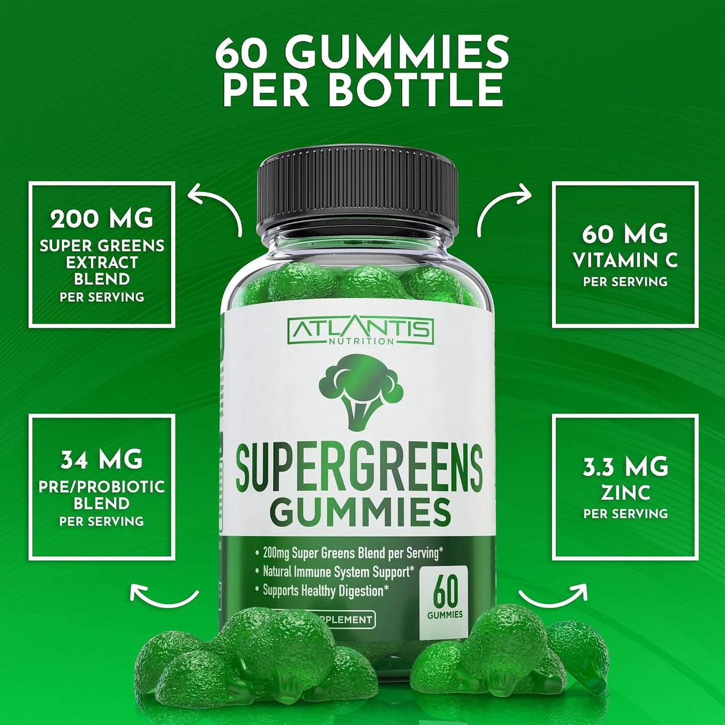 Atlantis Nutrition Supergreens Gummies - Daily Green Superfoods Supplement for Immunity Support, Natural Raspberry Flavour, 60 Gummies - görsel 8