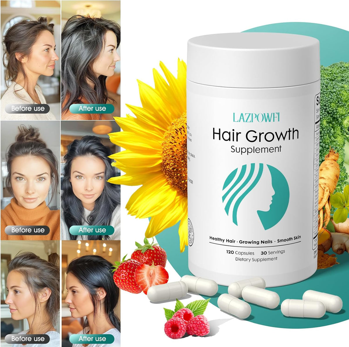 Lazpowfi Hair Growth Supplement - Biotin 10000mcg, 30-in-1 Vitamins for Hair, Skin & Nails - 120 Capsules (30 Servings) - görsel 4