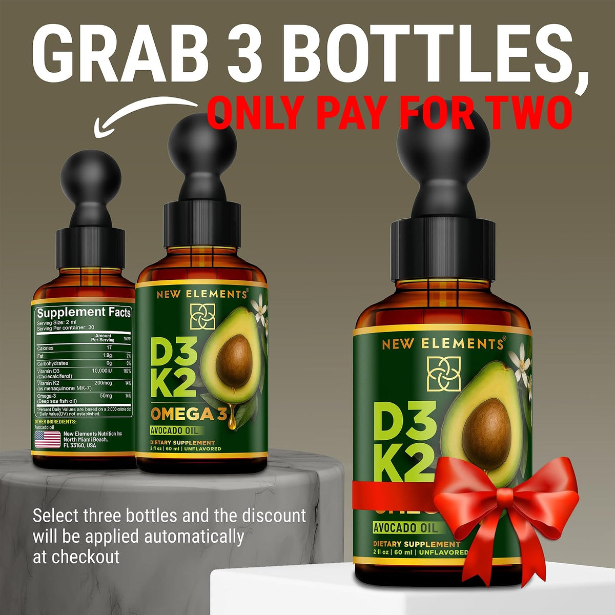 New Elements Liquid Vitamin D3 + K2 Drops, 10,000 IU with Omega-3 – Avocado Oil Base, Non-GMO – 60 ml - görsel 2