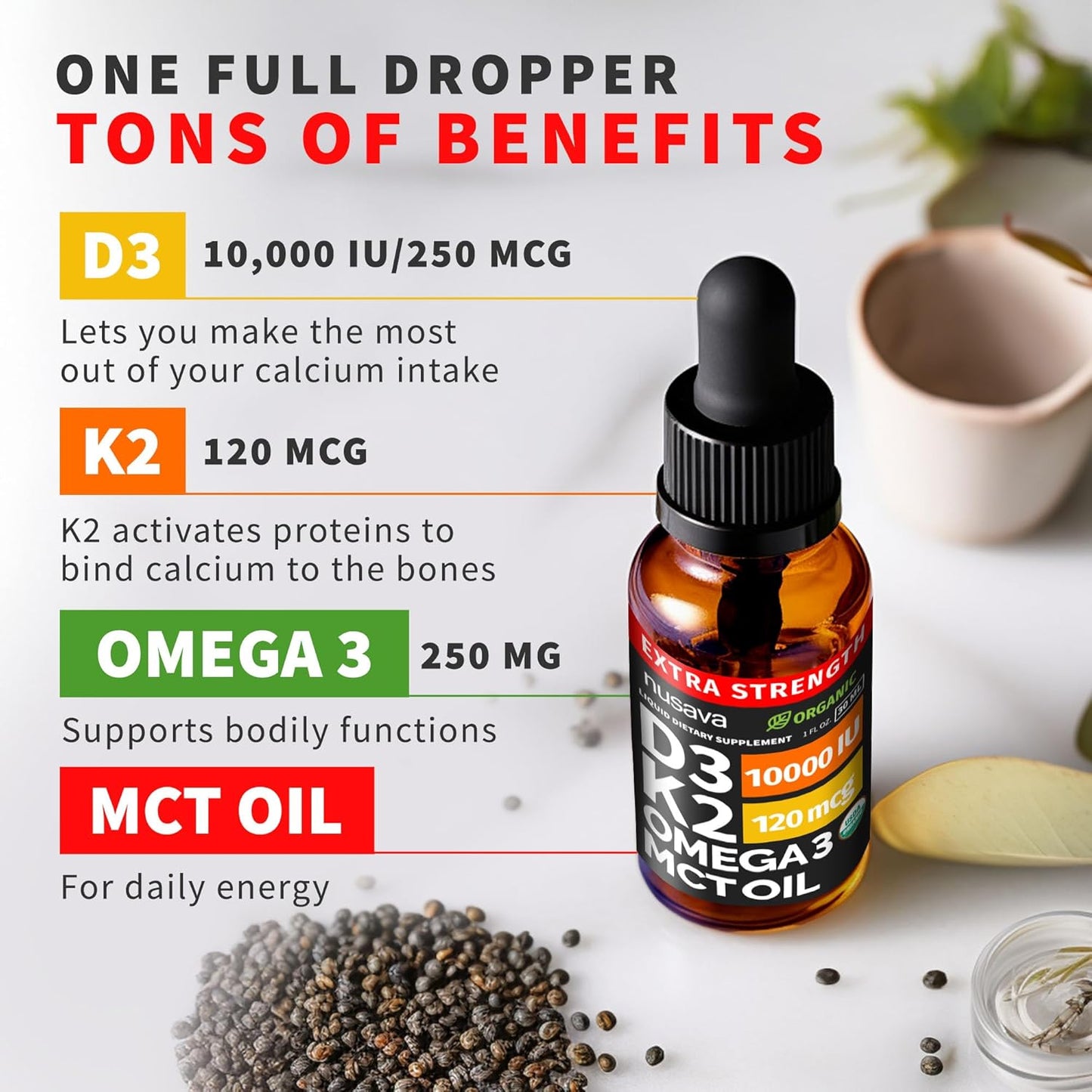 Extra Strength Organic Vitamin D3 K2 Drops with MCT Oil & Omega-3, 10000 IU - 2-Pack (2 fl oz, 60 Servings) - görsel 3