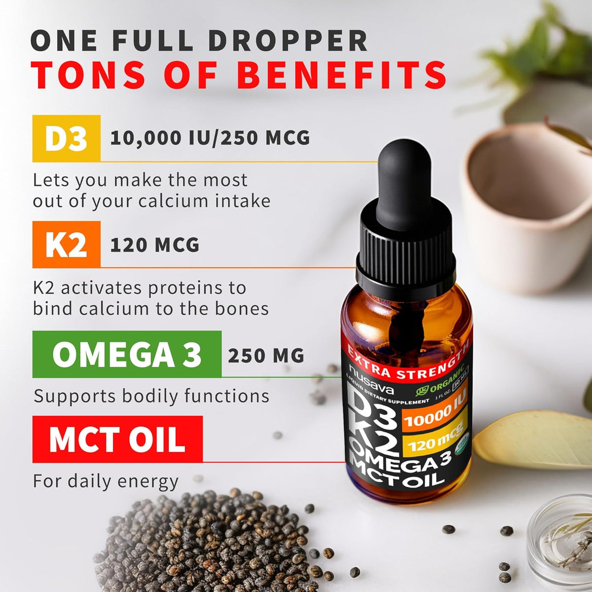 Extra Strength Organic Vitamin D3 K2 Drops with MCT Oil & Omega-3, 10000 IU - 2-Pack (2 fl oz, 60 Servings) - görsel 3