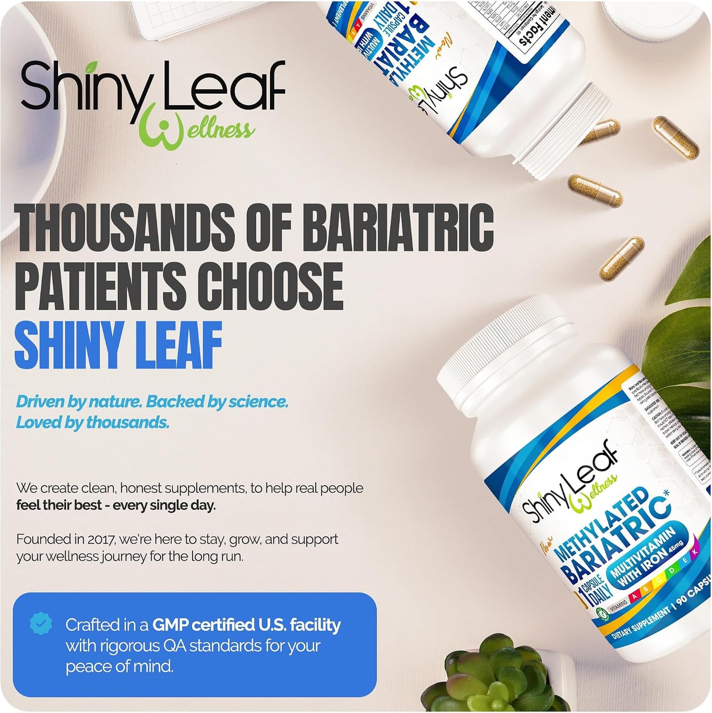 Shiny Leaf Methylated Bariatric Multivitamin with Iron 45mg – Once Daily Capsule, ASMBS Compliant, for Gastric Bypass & Sleeve, 4-Pack (360 Count) - görsel 7