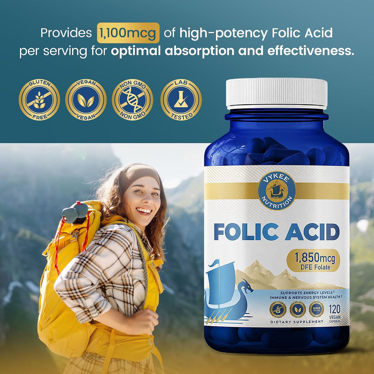 Vykee Nutrition Folic Acid Capsules – Supports Body Processes, Antenatal Health and Energy – Vitamin B9 Supplement – Vegan, Non-GMO, Gluten-free – 1,850 mcg DFE, 120 Count - görsel 4