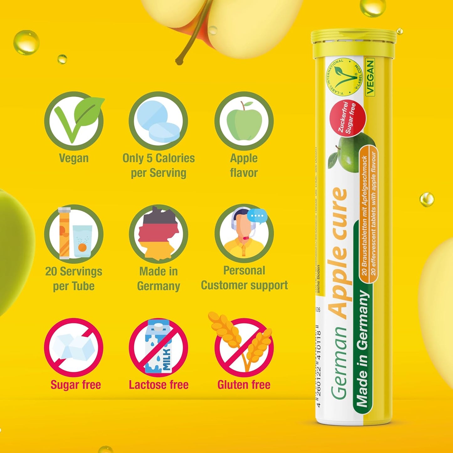 T&D German Apple Cure - 240 Vegan Drink Effervescent Tablets - Apple Flavour - Made in Germany - görsel 5