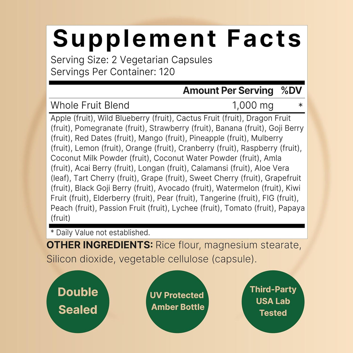NatureBell Fruit and Veggies Food Supplement, 480 Vegetarian Capsules - 40 Whole Fruits & Vegetables Blend - görsel 5
