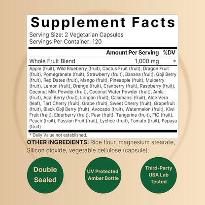 NatureBell Fruit and Veggies Food Supplement, 480 Vegetarian Capsules - 40 Whole Fruits & Vegetables Blend