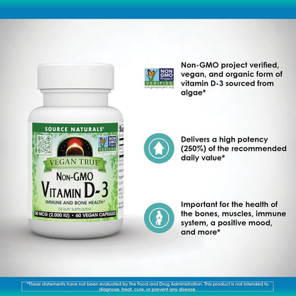 Source Naturals Vegan True Non-GMO Vitamin D3, 2,000 IU, 60 Capsules