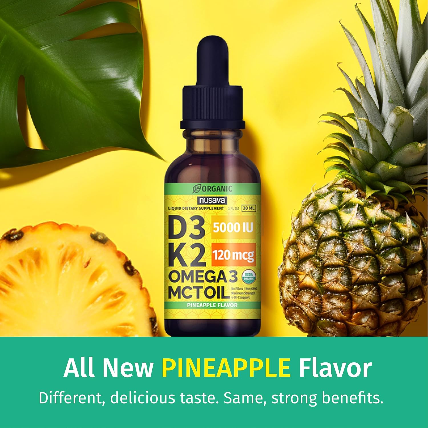 (2 Pack) Organic Vitamin D3 and K2 Drops with MCT Oil and Omega 3 - Liquid Vitamin D3 5000 IU - D3 K2 Supplement for Men and Women - No Fillers, Non-GMO, GMP, Pineapple Flavour (2 fl oz) - görsel 2