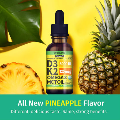 (2 Pack) Organic Vitamin D3 and K2 Drops with MCT Oil and Omega 3 - Liquid Vitamin D3 5000 IU - D3 K2 Supplement for Men and Women - No Fillers, Non-GMO, GMP, Pineapple Flavour (2 fl oz)