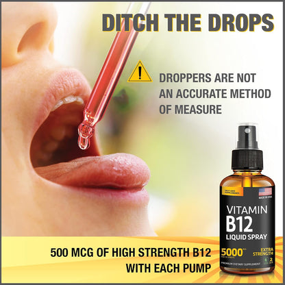 Liquid B12 Spray 5000 mcg – Sublingual Vitamin B12 Methylcobalamin – Vegan, Gluten-Free, Non-GMO (Pack of 2)