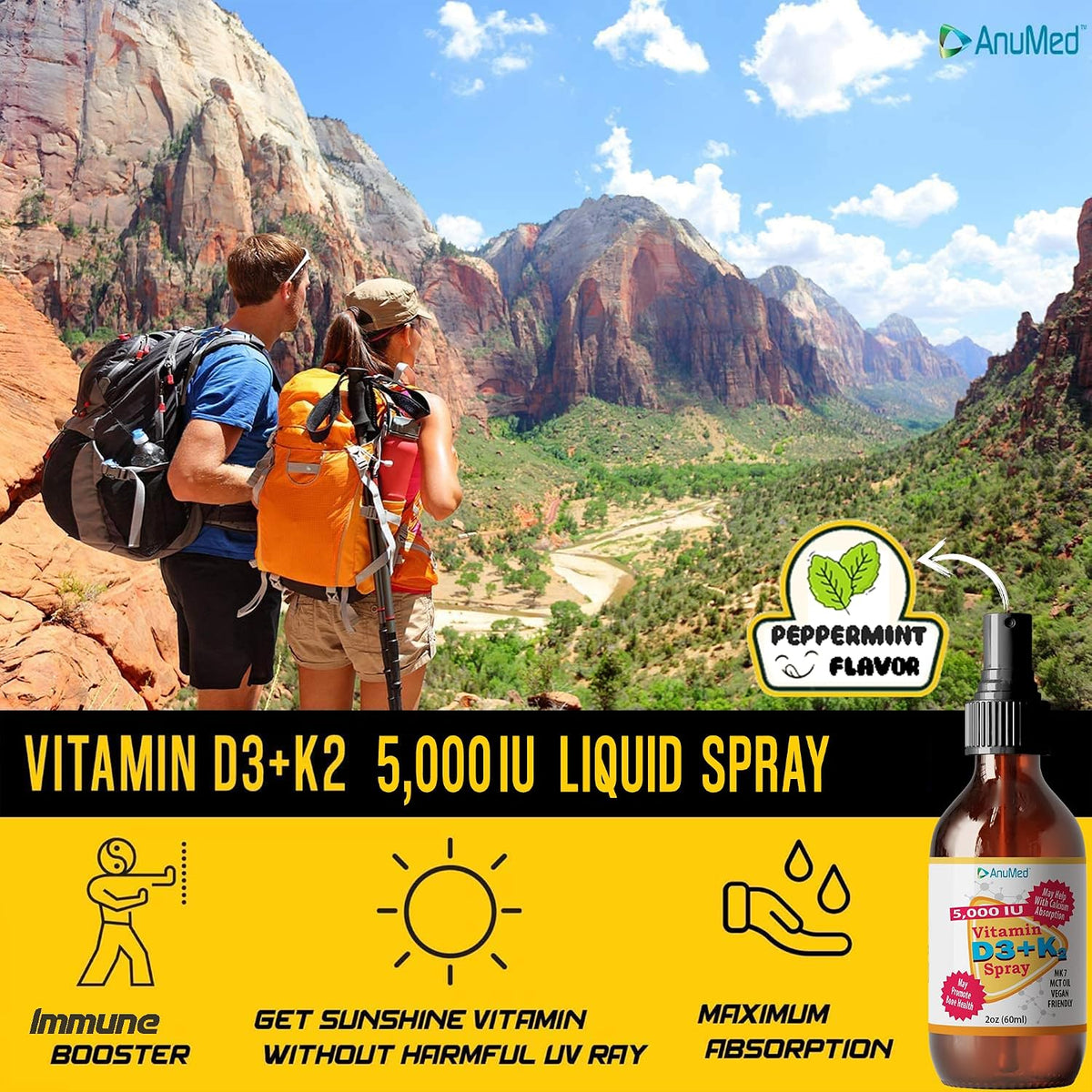 Vitamin D3 K2 5,000 IU Liquid Spray with Organic MCT Oil, Vitamin A (Retinol) 1250mcg, K2 (MK4, MK7) – Promotes Heart, Bones, Immune System – 100% Vegan, Non-GMO, No Sugar Added (60ml, Peppermint) - görsel 4