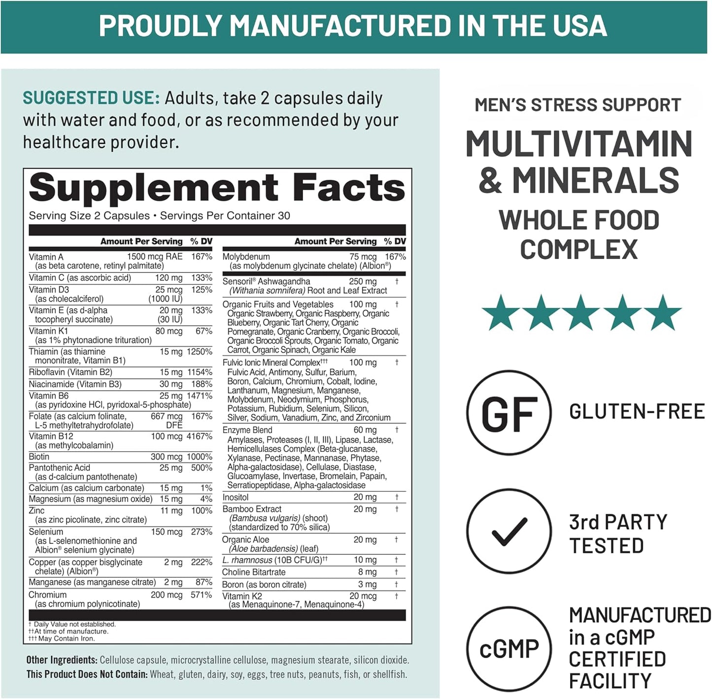 NatureWise Multivitamin for Men + Stress Support + Fulvic Ionic Minerals + Probiotics for Immunity, Male Health, Digestion + Whole Organic Foods - Vegetarian, Non-GMO - 60 Capsules - görsel 5