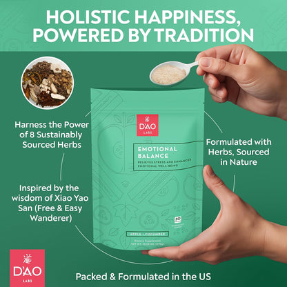 D'AO Labs Emotional Balance Powder - Calm & Stress Relief - Effervescent Herbal Supplement - Apple-Cucumber Flavour - 30 Servings