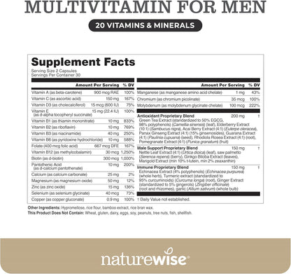 NatureWise Multivitamin for Men - Daily Male Support - Minerals & Herbs for Energy, Performance, Immunity - with Vitamin A, C, D, B-Complex - Soya & Gluten-free, Non-GM - 60 Capsules (30-Day Supply)