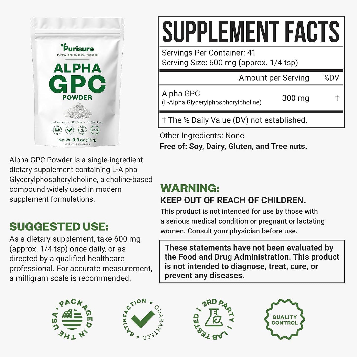 PURISURE Alpha GPC Powder, 25 g, Pure Alpha GPC Choline Supplement for Brain and Focus, CDP Choline Supplements for Memory Performance & Concentration, No Fillers, Non-GMO, Offers 41 Servings - görsel 2