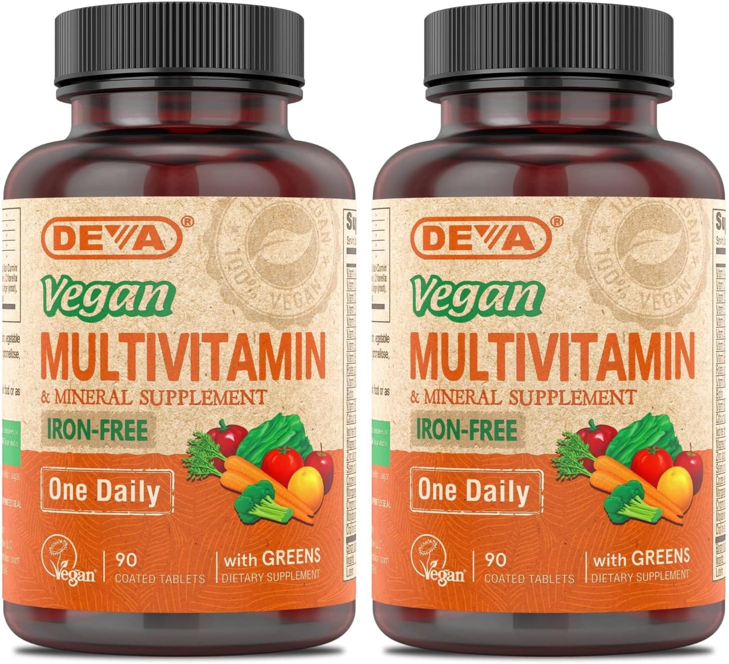 DEVA Vegan Multivitamin and Mineral Supplement - One Daily Formula with Greens - Iron Free - 90 Coated Tablets (Pack of 2) - görsel 1