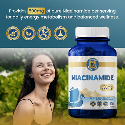 Vykee Nutrition Niacinamide Capsules - Vitamin B3 Supplement for Skin Health and Energy Metabolism - Vegan, Non-GMO, Gluten-free - 500 mg, 120 Count