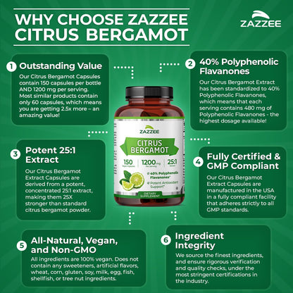 Zazzee Citrus Bergamot 25:1 Extract - High-strength, 40% Polyphenolic Flavanones, 150 Vegan Capsules