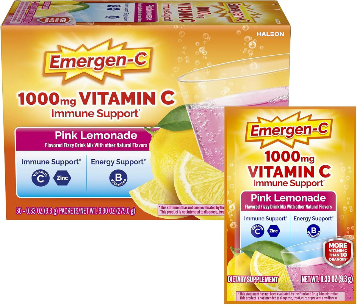 Emergen-C 1000mg Vitamin C Immune Support Powder, Pink Lemonade, 30 Packets - görsel 1