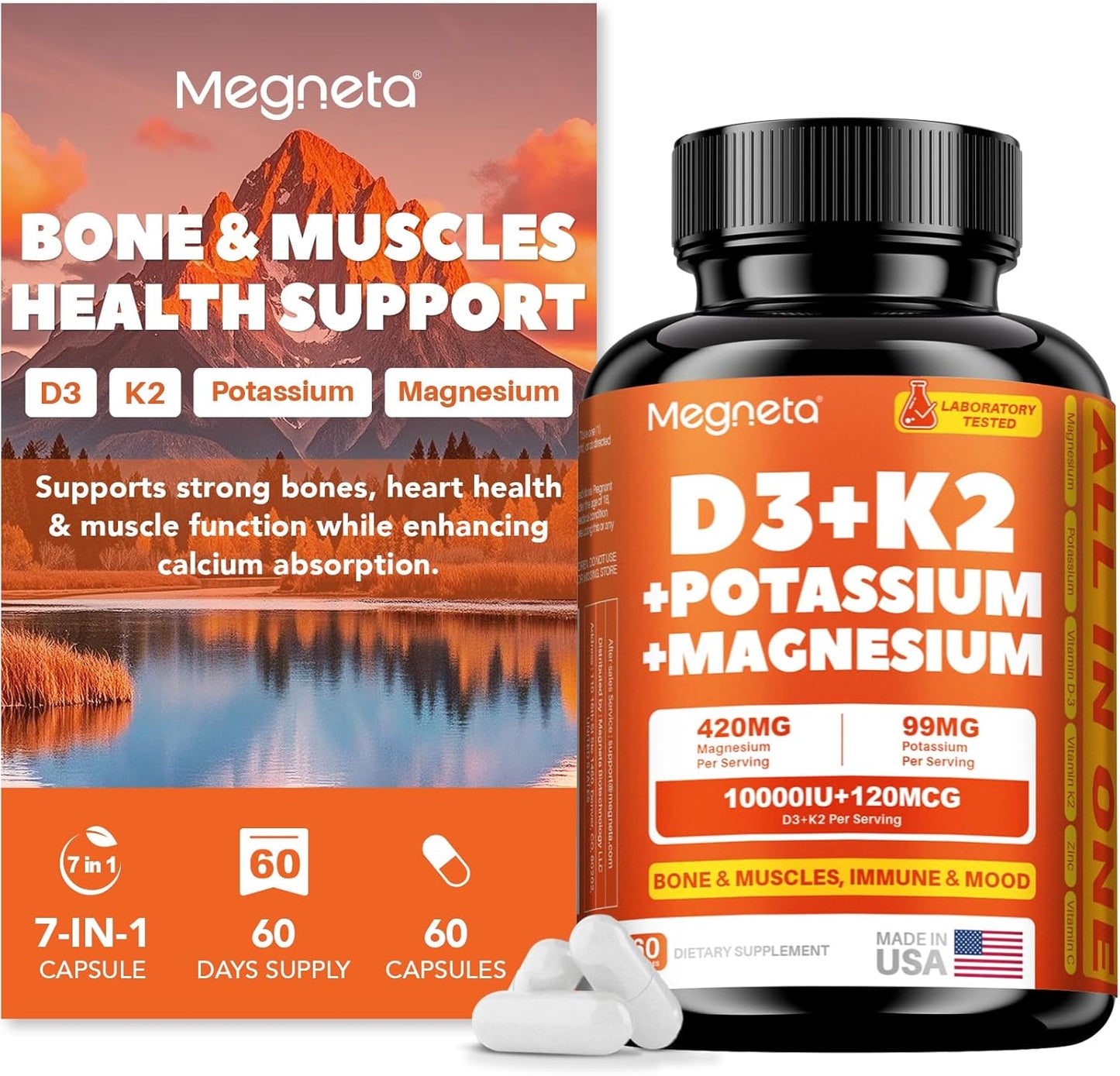 Vitamin D3 K2 (MK-7) 10,000 IU with Magnesium Glycinate & Potassium Supplement - High Absorption, 60 Capsules - görsel 1