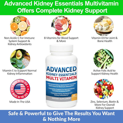 Advanced Kidney Essentials Multivitamin. Kidney Support Supplement for Complete Kidney Health. Renal Vitamins 30 Capsules