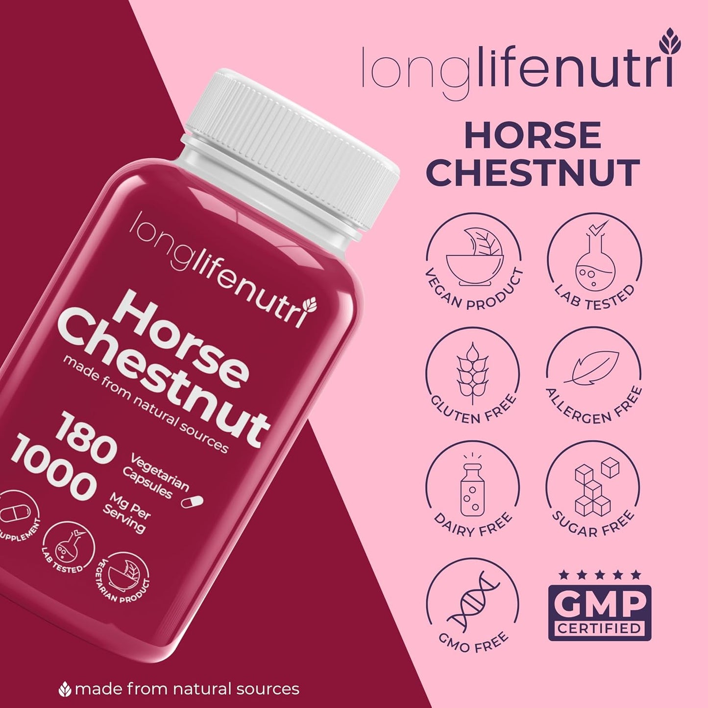 LongLifeNutri Horse Chestnut Extract 500mg – Organic Supplement for Circulation & Wellbeing, 180 Vegetarian Capsules - görsel 7
