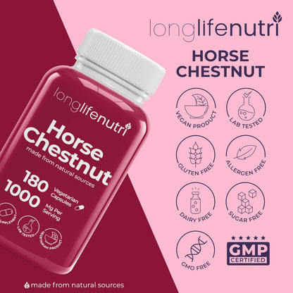LongLifeNutri Horse Chestnut Extract 500mg – Organic Supplement for Circulation & Wellbeing, 180 Vegetarian Capsules