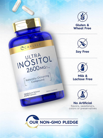 Carlyle Inositol Food Supplement - 2600mg per Serving, 200 Capsules - Myo-Inositol for Women & Men - Non-GMO, Gluten-free
