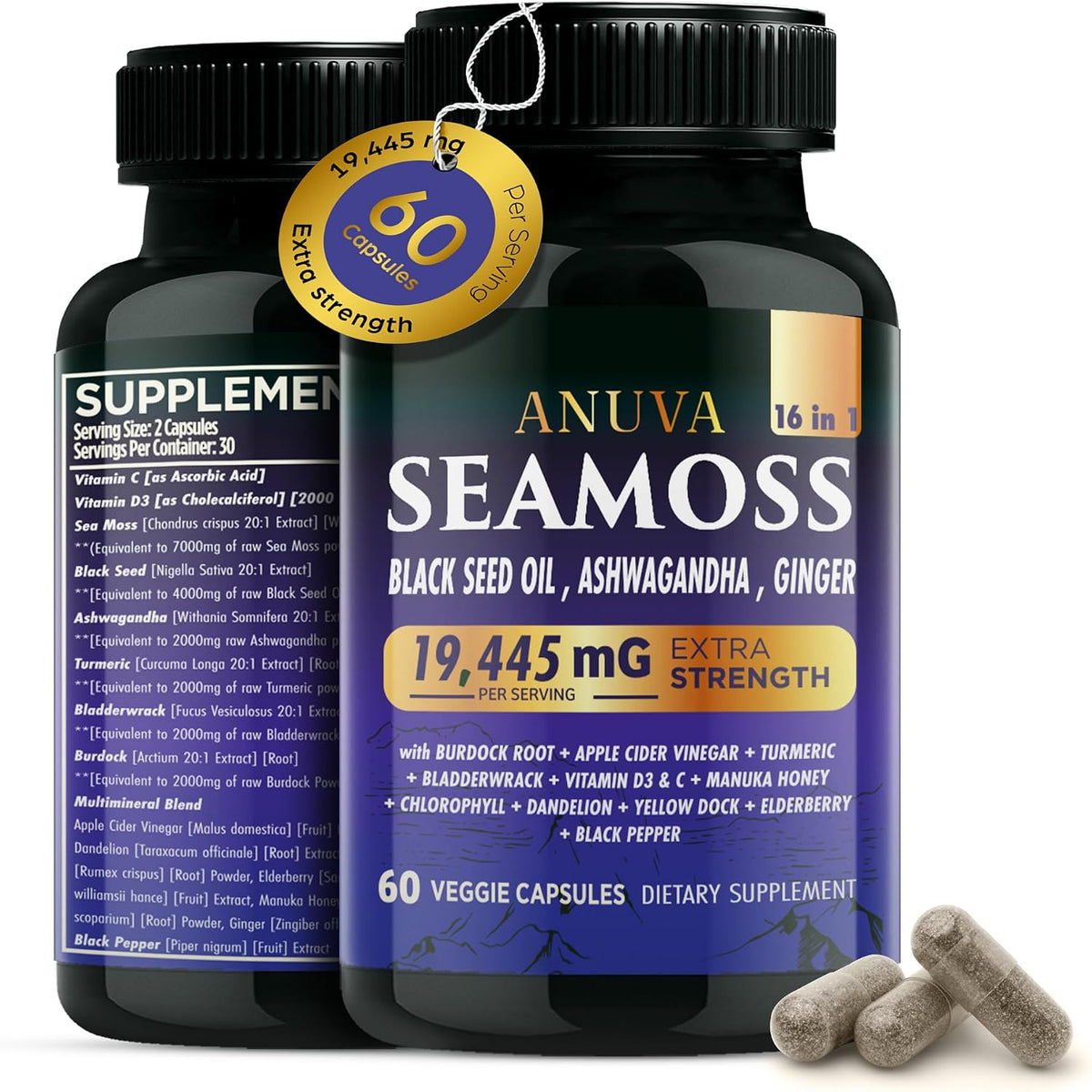 Anuva 16-in-1 Sea Moss Capsules | Black Seed Oil, Ashwagandha, Vitamin C, D3, Turmeric, Burdock, Bladderwrack & Multi-Minerals | 60 Vegetarian Capsules - görsel 1