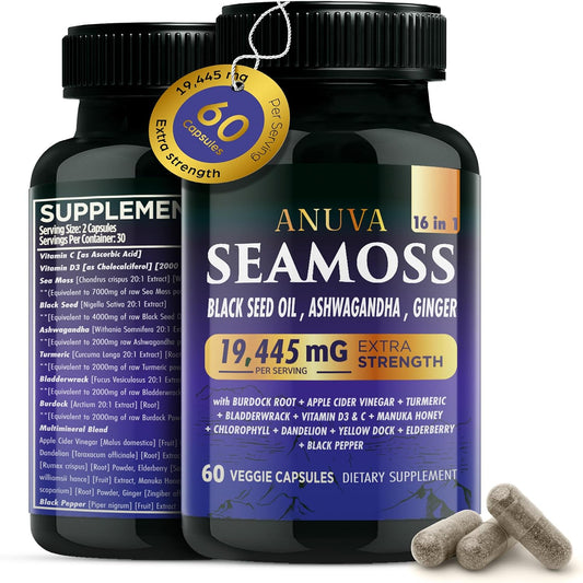 Anuva 16-in-1 Sea Moss Capsules | Black Seed Oil, Ashwagandha, Vitamin C, D3, Turmeric, Burdock, Bladderwrack & Multi-Minerals | 60 Vegetarian Capsules