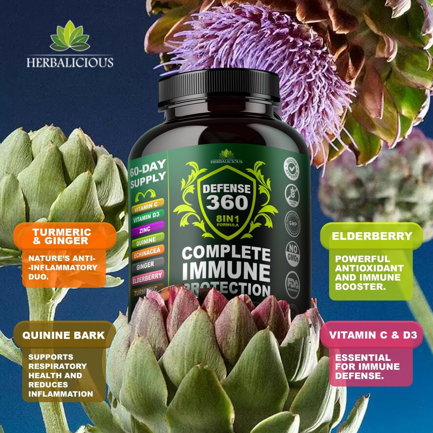 Defence360 Immune Support 8-in-1 Supplement with Vitamin C, D3, Zinc, Elderberry, Echinacea, Turmeric, Ginger and Quinine (120 Capsules) - görsel 5