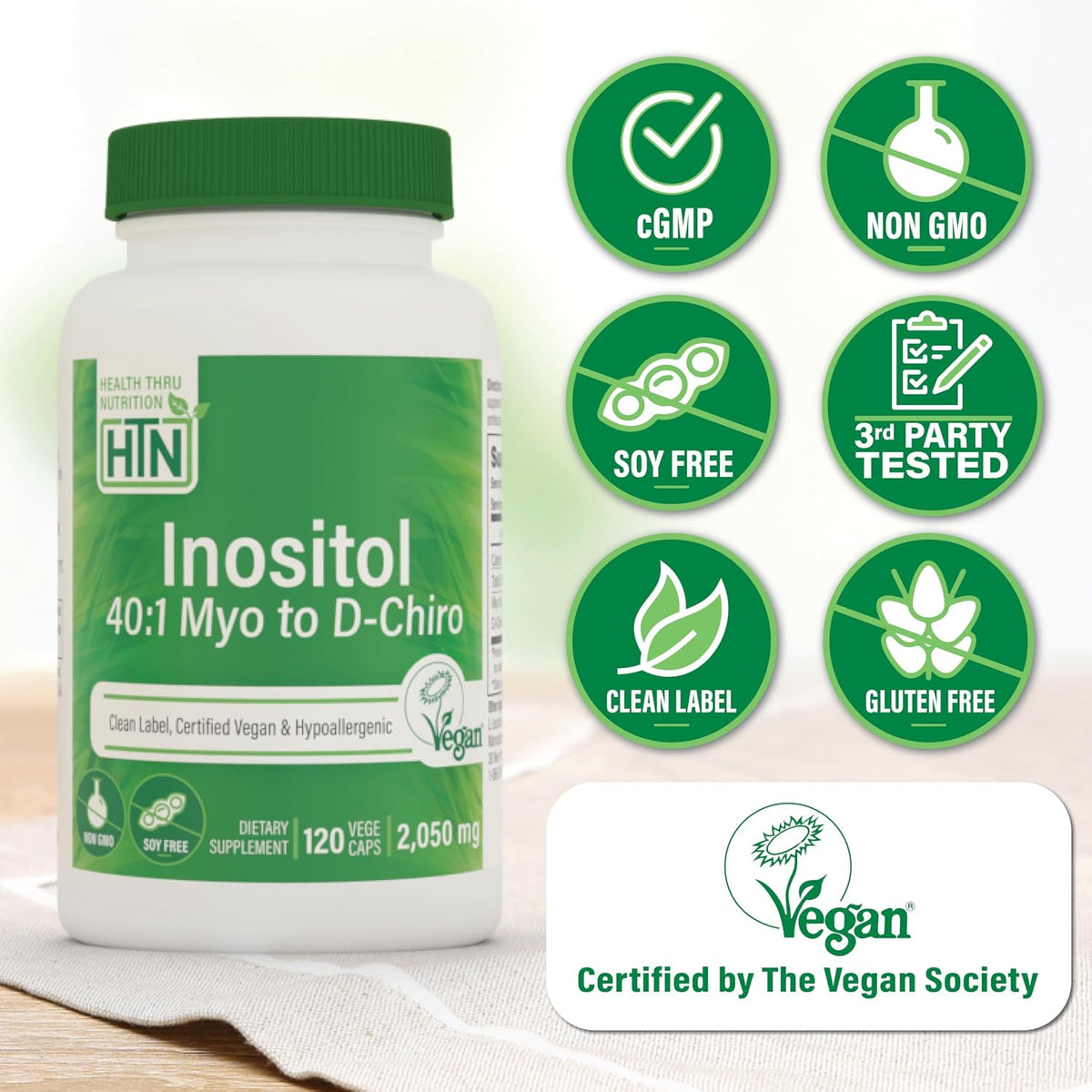 Health Thru Nutrition Inositol Supplement 40:1 Myo-Inositol to D-Chiro-Inositol Ratio 2050mg Per Serving | 120 Capsules | Certified Vegan | Non-GMO - görsel 3