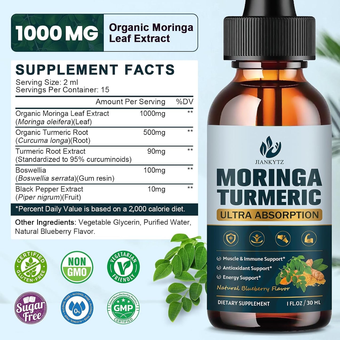 (2 Pack) Organic Moringa Leaf Extract Liquid Drops with Turmeric, Boswellia – Energy, Antioxidant, Skin & Immune Support – Vegan, Sugar-Free, 30 ml - görsel 2