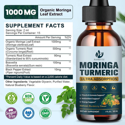 (2 Pack) Organic Moringa Leaf Extract Liquid Drops with Turmeric, Boswellia – Energy, Antioxidant, Skin & Immune Support – Vegan, Sugar-Free, 30 ml