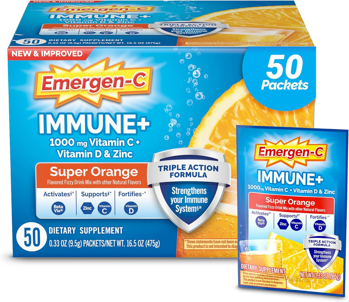 Emergen-C Immune+ Triple Action Immune Support Powder, BetaVia®, 1000mg Vitamin C, B Vitamins, Vitamin D and Antioxidants, Super Orange – 50 Count - görsel 1