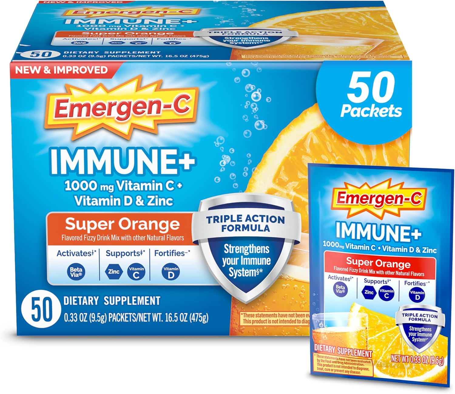 Emergen-C Immune+ Triple Action Immune Support Powder, BetaVia®, 1000mg Vitamin C, B Vitamins, Vitamin D and Antioxidants, Super Orange – 50 Count - görsel 1