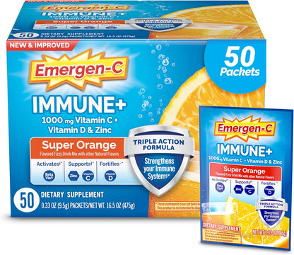 Emergen-C Immune+ Triple Action Immune Support Powder, BetaVia®, 1000mg Vitamin C, B Vitamins, Vitamin D and Antioxidants, Super Orange – 50 Count