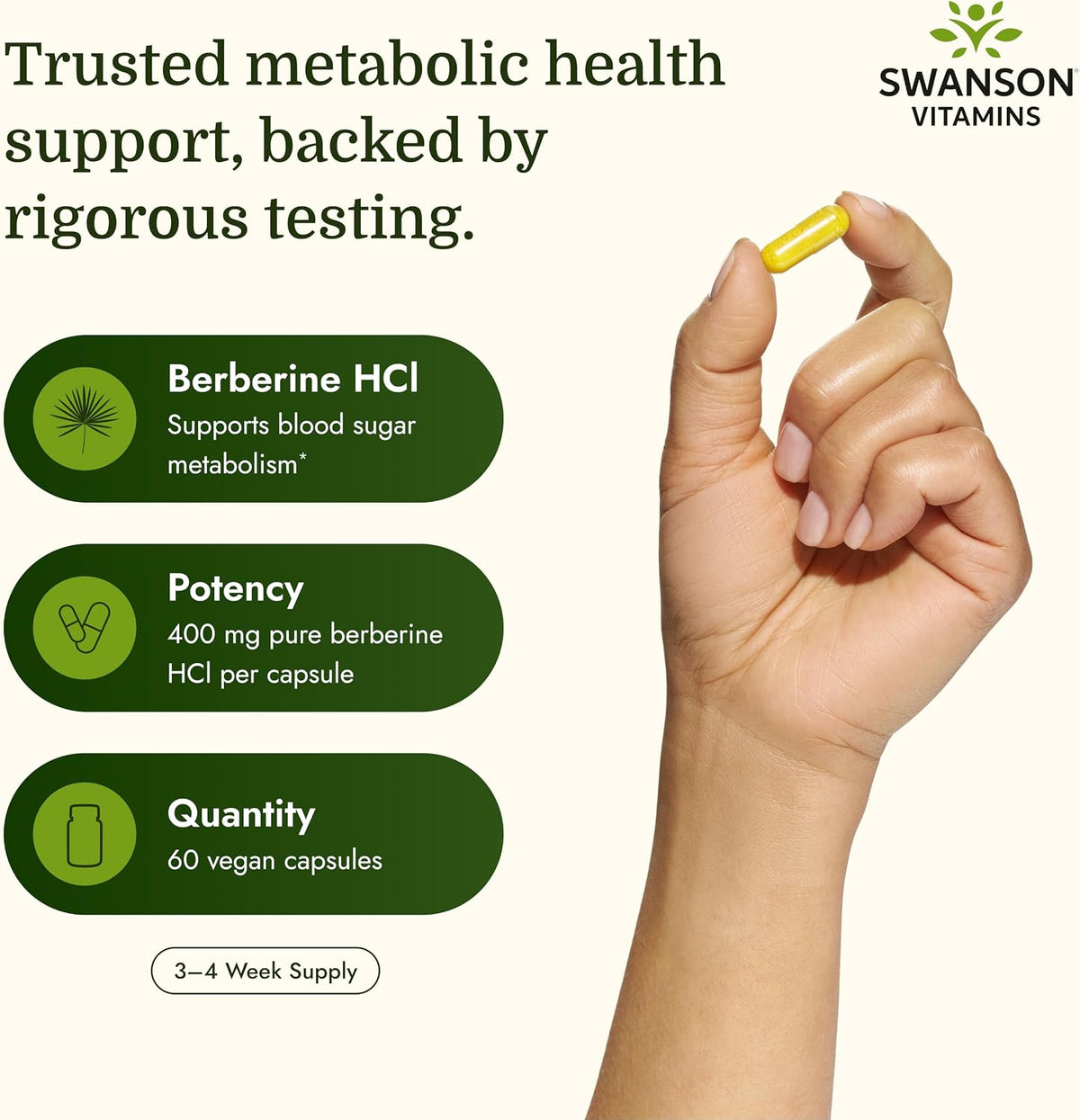 Swanson Berberine HCl 400 mg – Cardiovascular and Metabolic Health Supplement (60 Vegan Capsules) - görsel 3