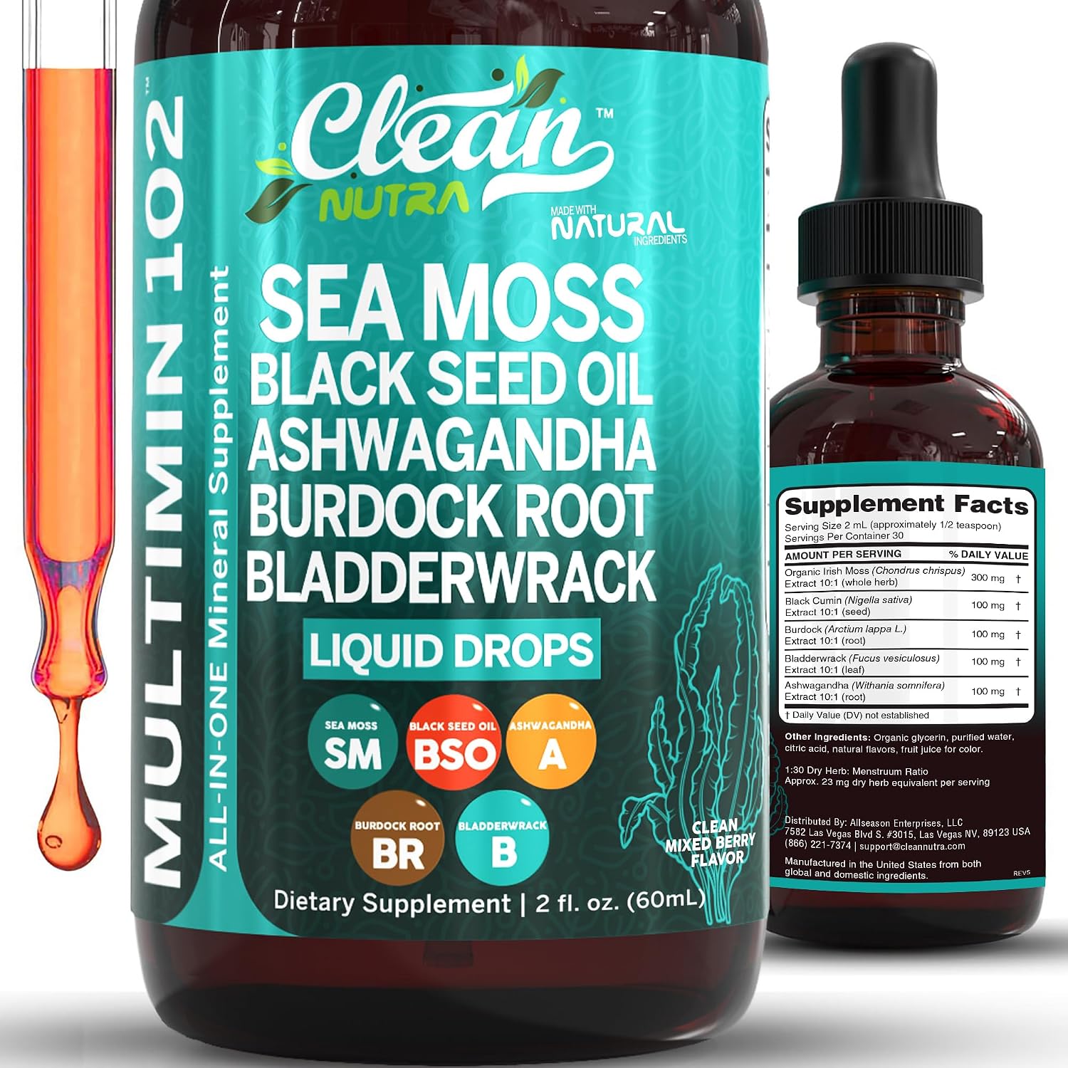 Clean Nutra Organic Sea Moss Drops | with Black Seed Oil, Ashwagandha, Burdock Root & Bladderwrack - Vegan Multimineral Liquid for Gut Health, Energy, Skin, Immune Support & Hair - görsel 1