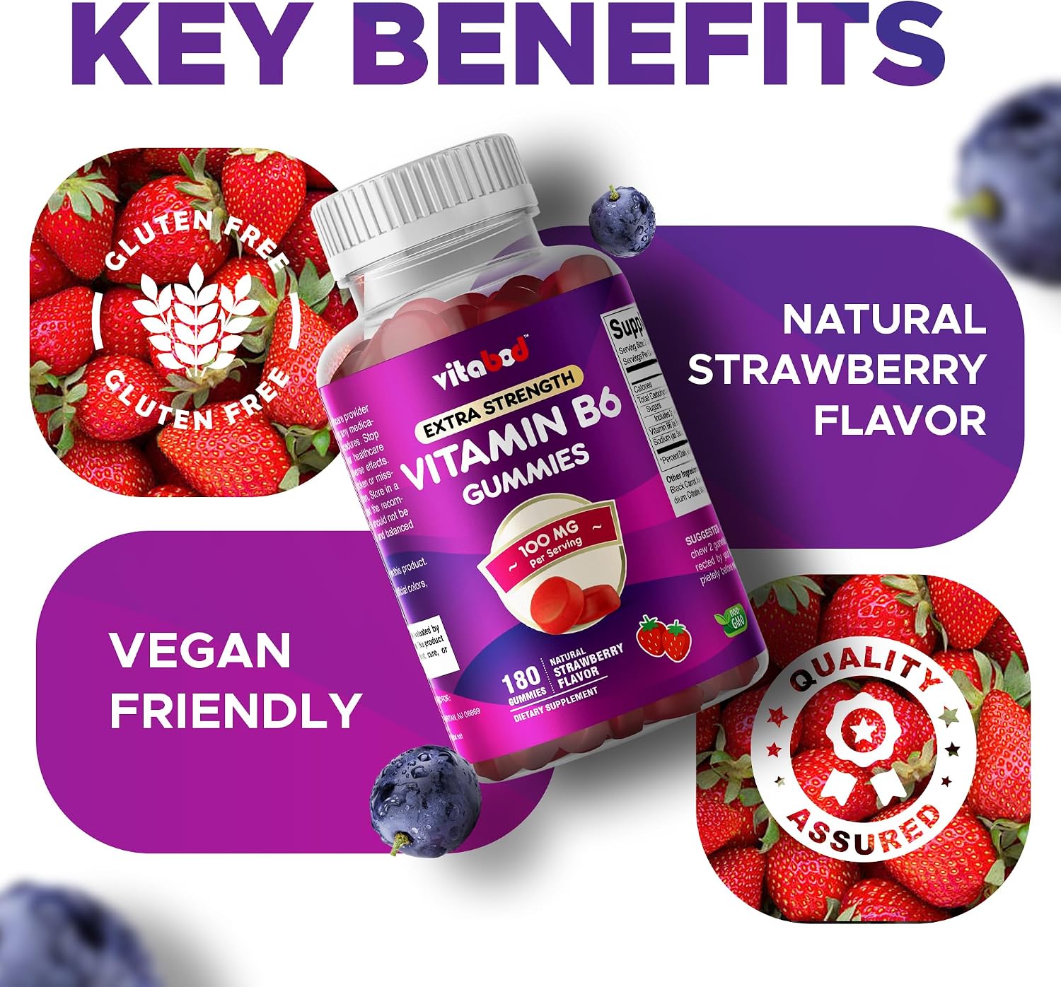 Vitabod Extra Strength Vitamin B6 Gummies 100mg – 180 Pectin-Based Gummies – Supports Energy Metabolism and Nervous System Health – Non-GMO - görsel 6