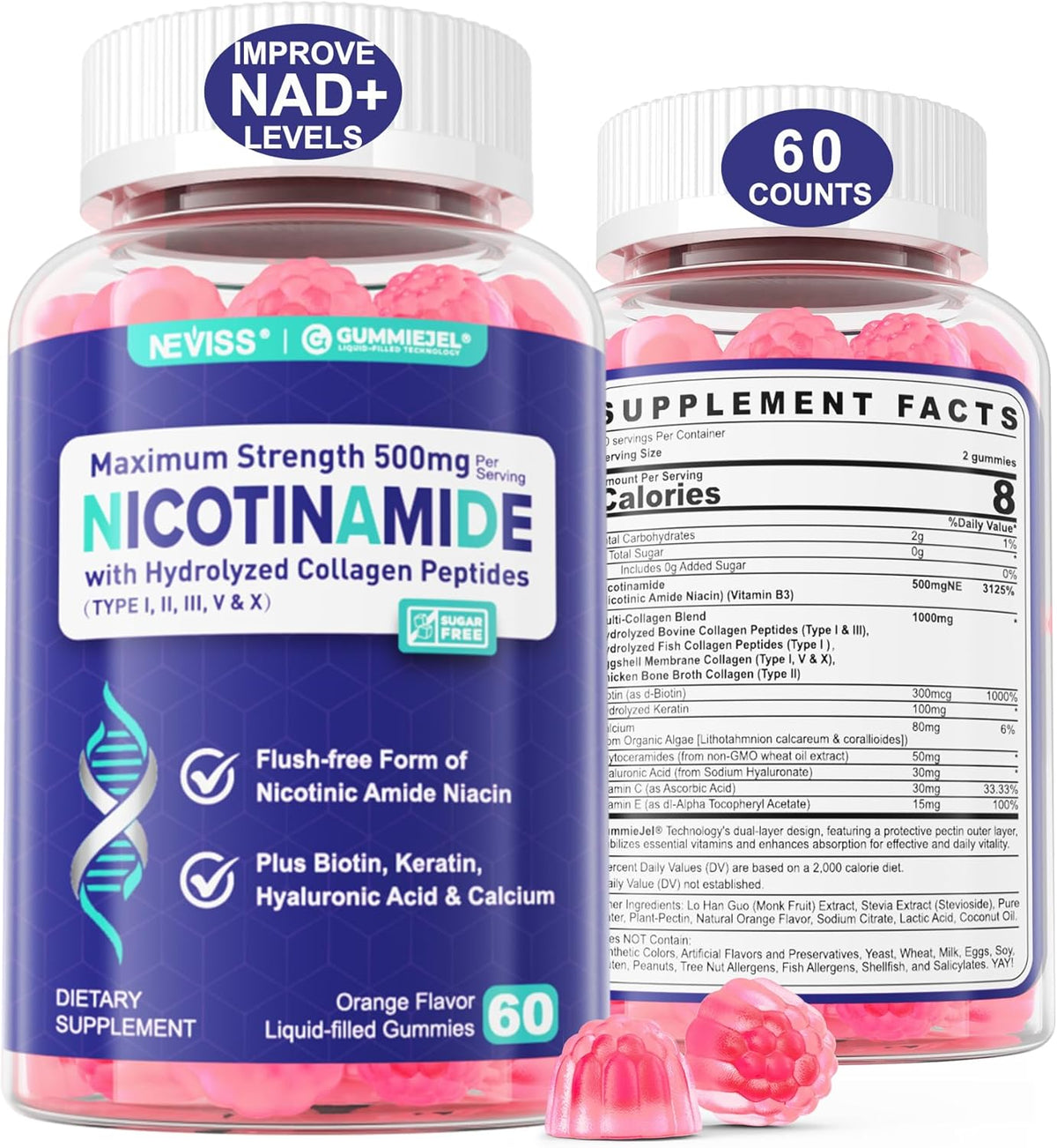 NEVISS Nicotinamide 500mg Gummies with Collagen Peptides – Flush-Free Vitamin B3 for NAD+ Support & Cellular Health, Sugar-Free, 60 Count - görsel 1