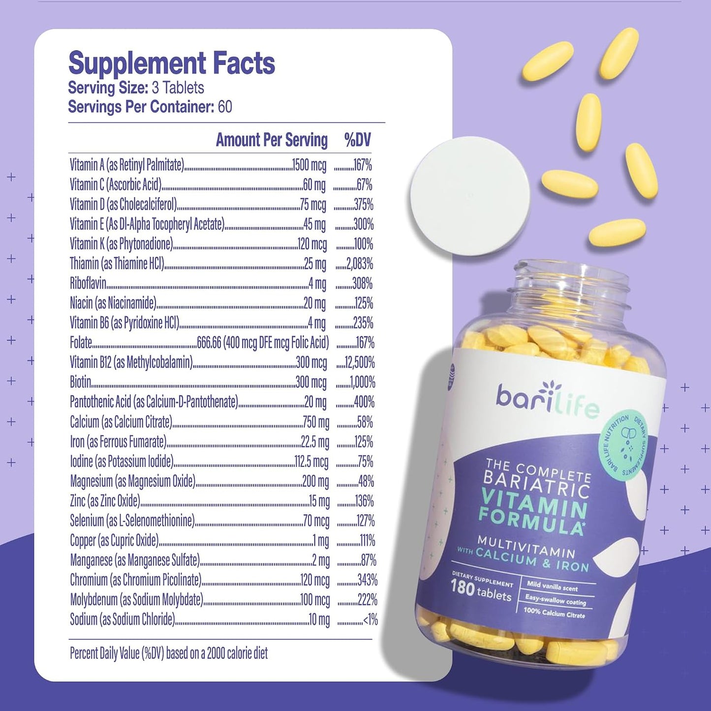 Bari Life Complete Bariatric Multivitamin Non-chewable Tablet with Calcium Citrate and Iron - 180 Tablets - görsel 2