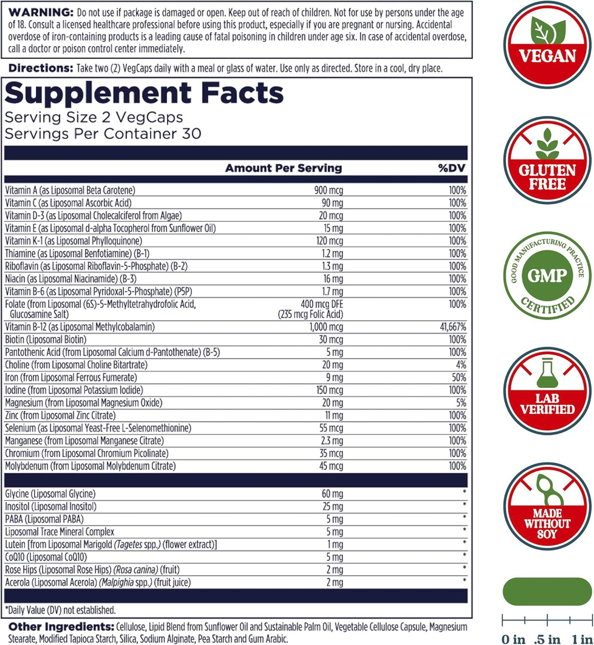 KAL Liposomal Multivitamin - High Potency Liposomal Vitamin C, D-3, and More - Men and Women Multivitamin for Cardiovascular and Nervous System Support - 30 Servings, 60 VegCaps - görsel 2