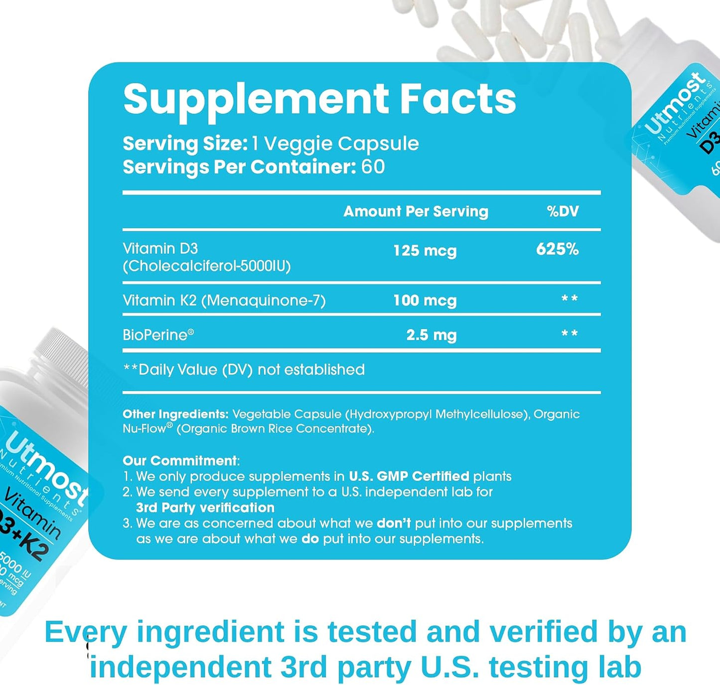 Utmost Nutrients Vitamin D3 5000 IU with K2 100 mcg – High-Absorption Capsule - görsel 2